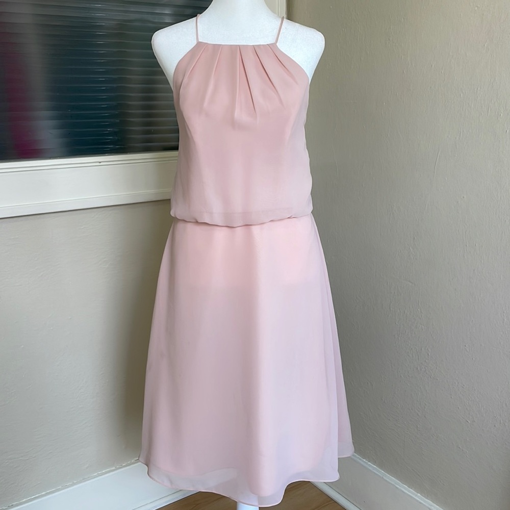 Size 10 soft pink/blush chiffon high neck blouson cocktail dress by Sorella Vita